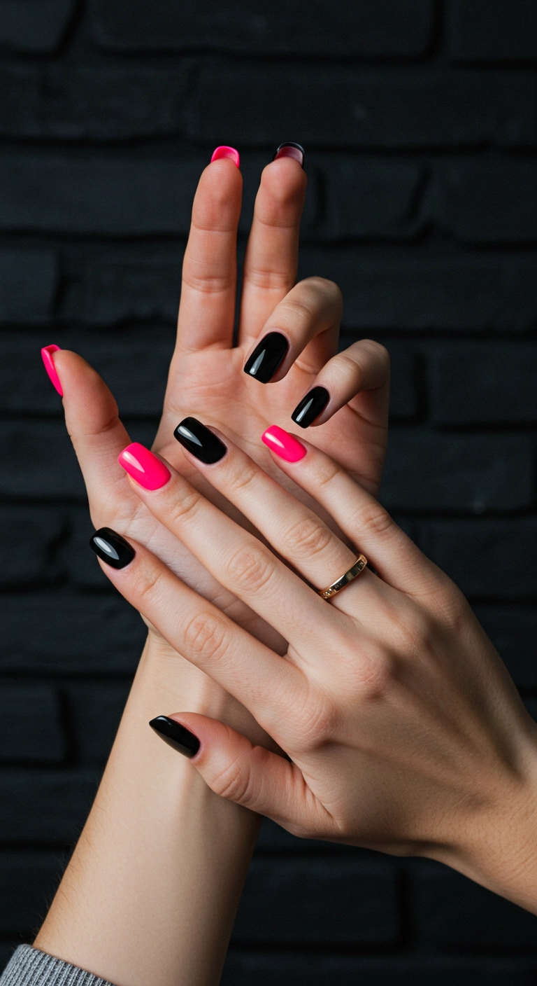 Glossy black square nails with a single accent nail in shocking neon pink.