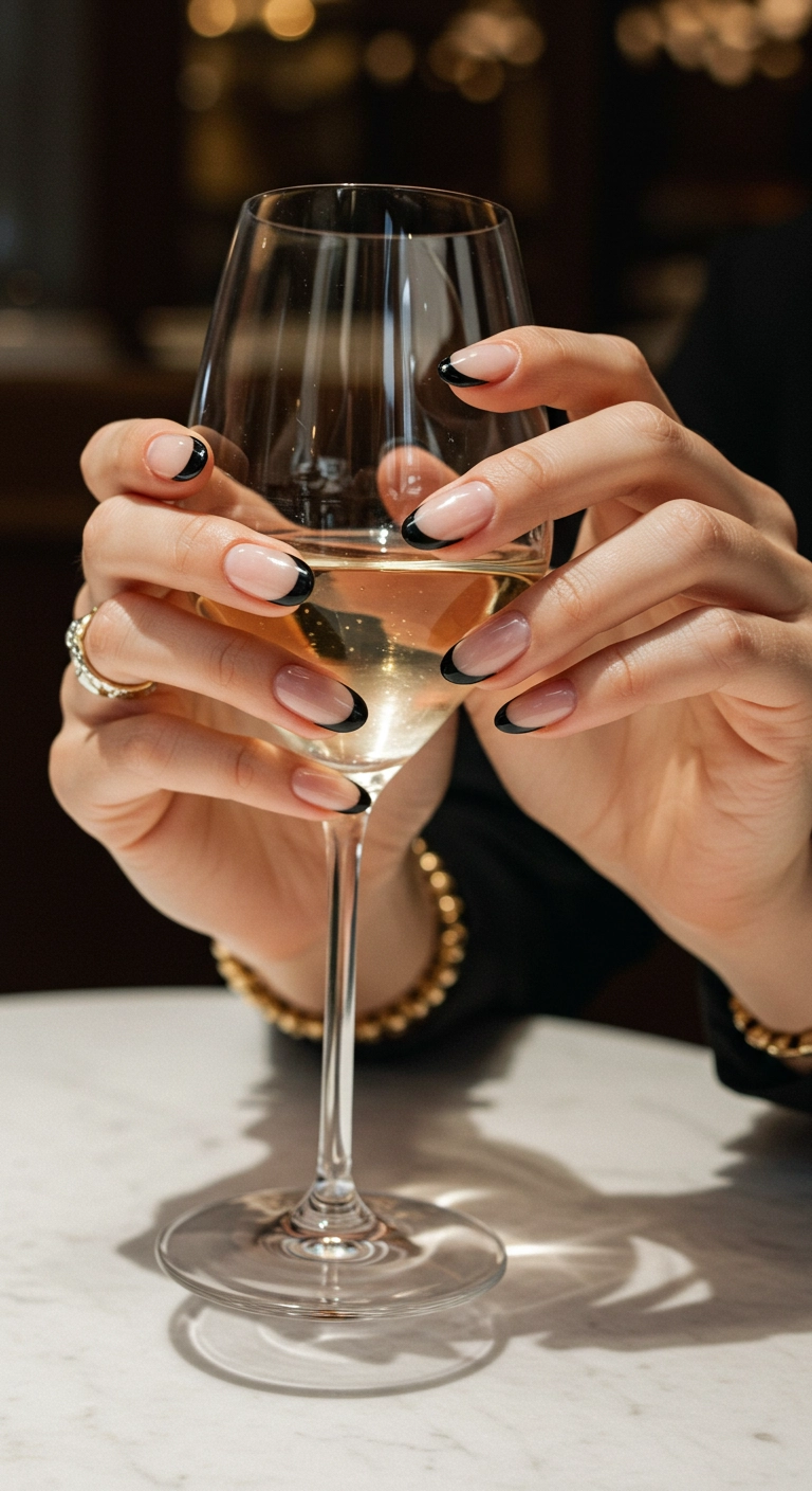 Elegant oval nails with a sheer nude base and crisp black French tips.