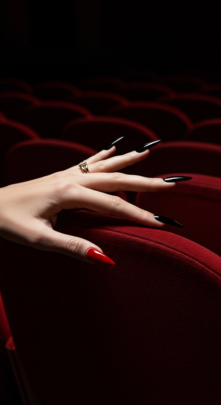 A low angle shot of glossy black stiletto nails revealing a hidden vibrant red underside.