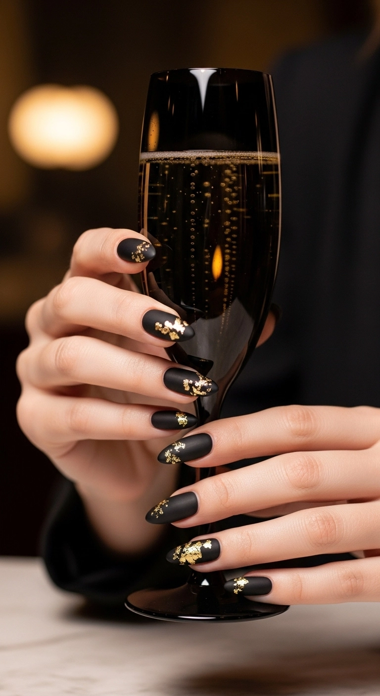 A close-up of almond-shaped matte black nails adorned with delicate gold flakes.