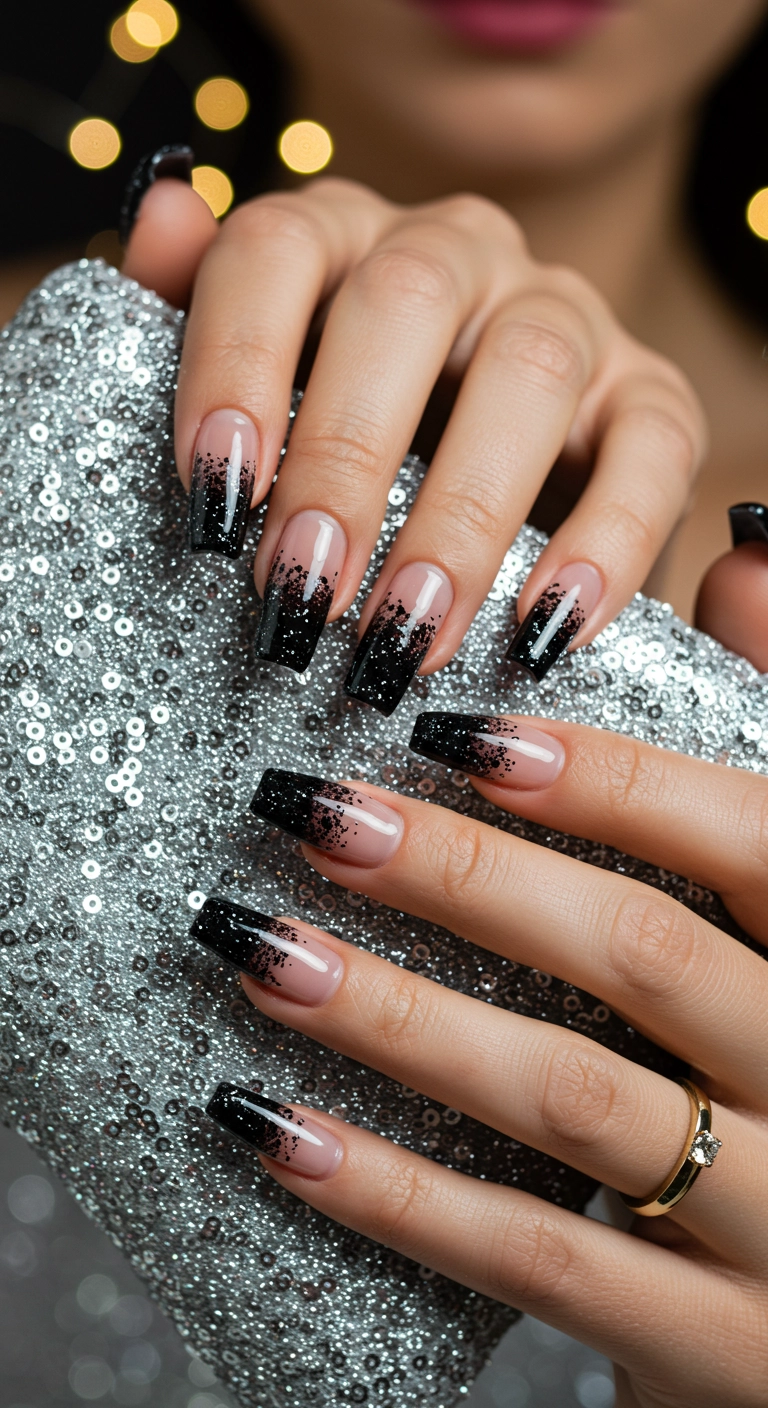 A woman's hands showcasing black glitter ombre on long coffin nails.