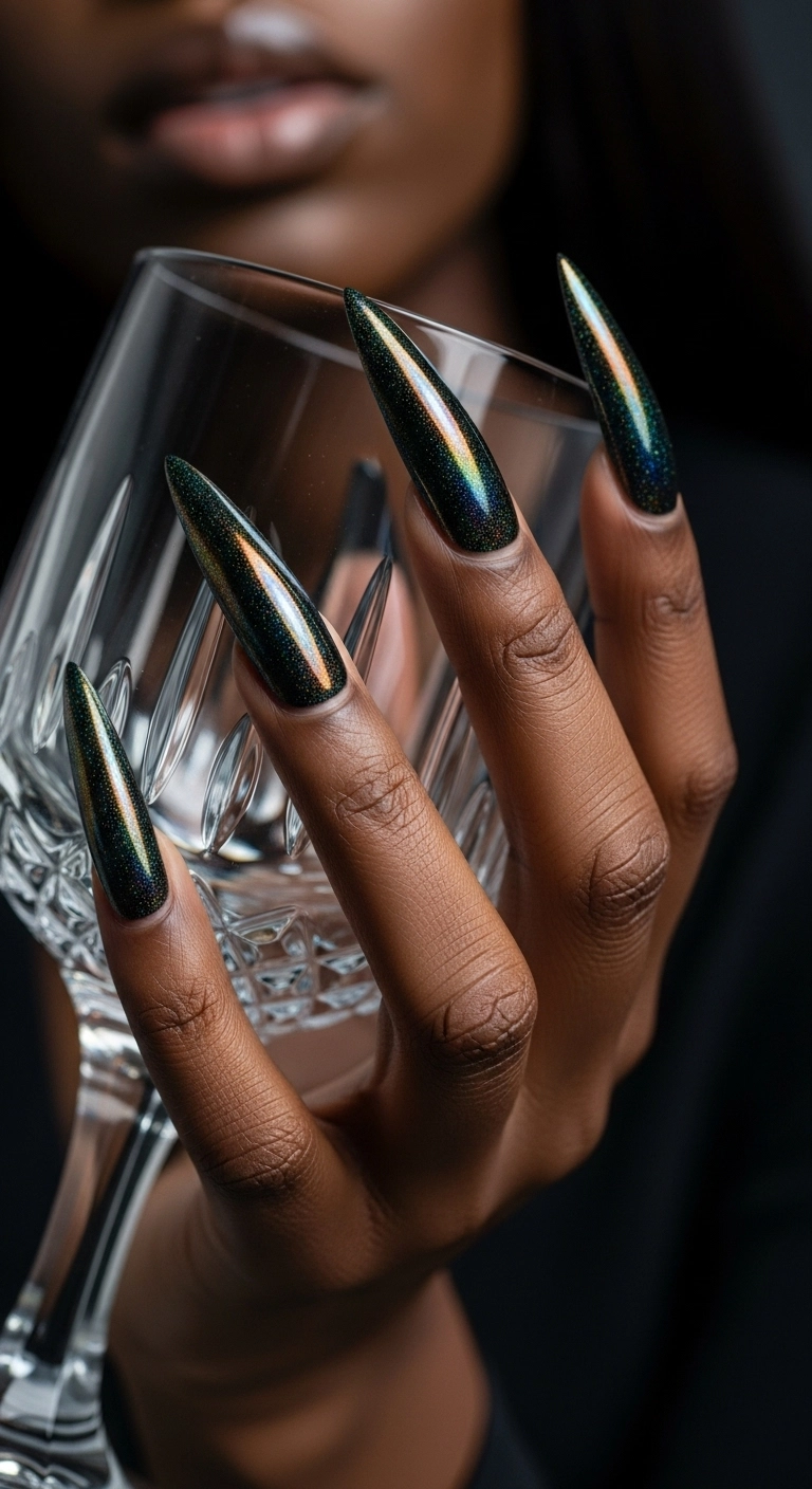 Long stiletto nails with a reflective, iridescent black chrome finish.