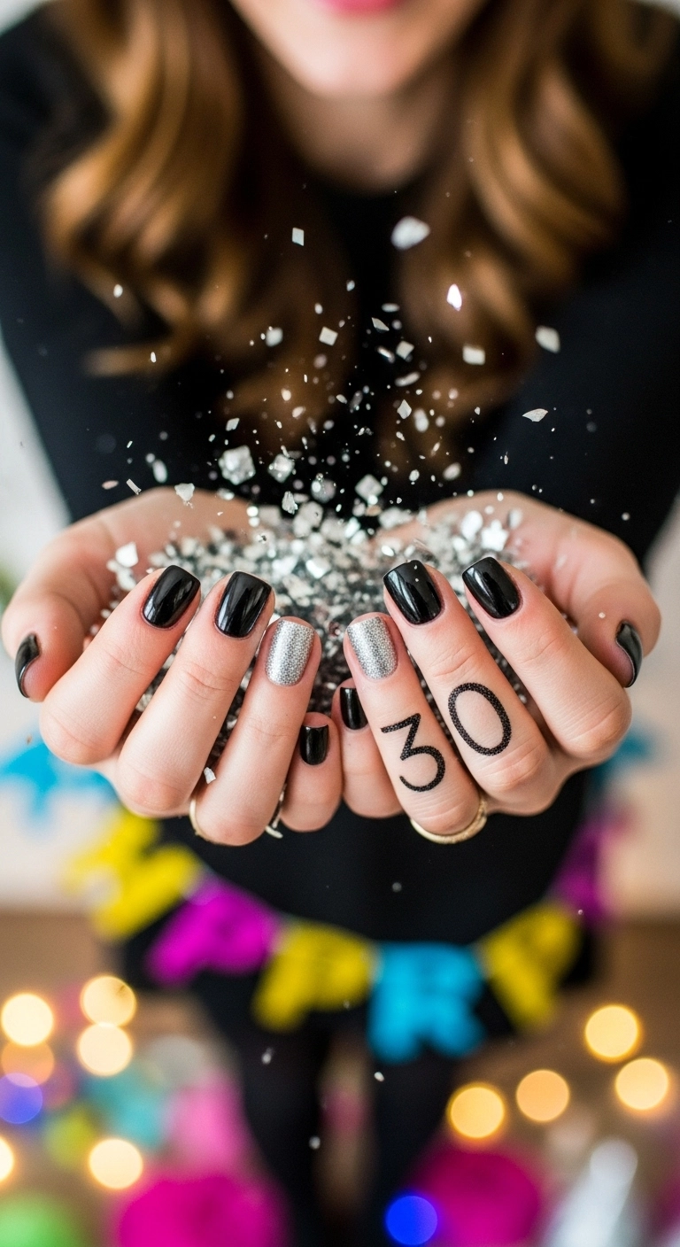 Short glossy black nails with the number 