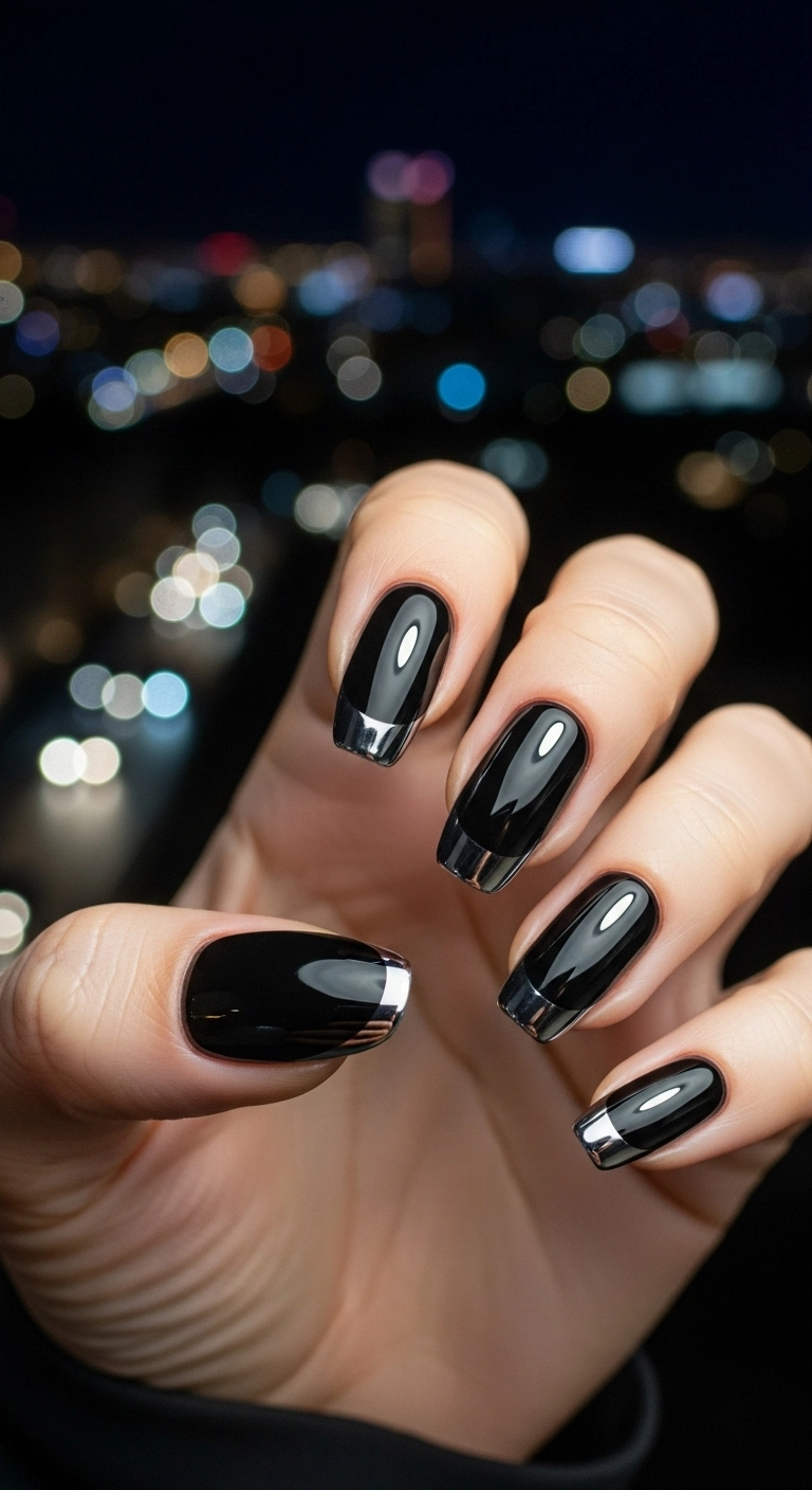 Glossy black squoval nails with a striking silver chrome French tip.