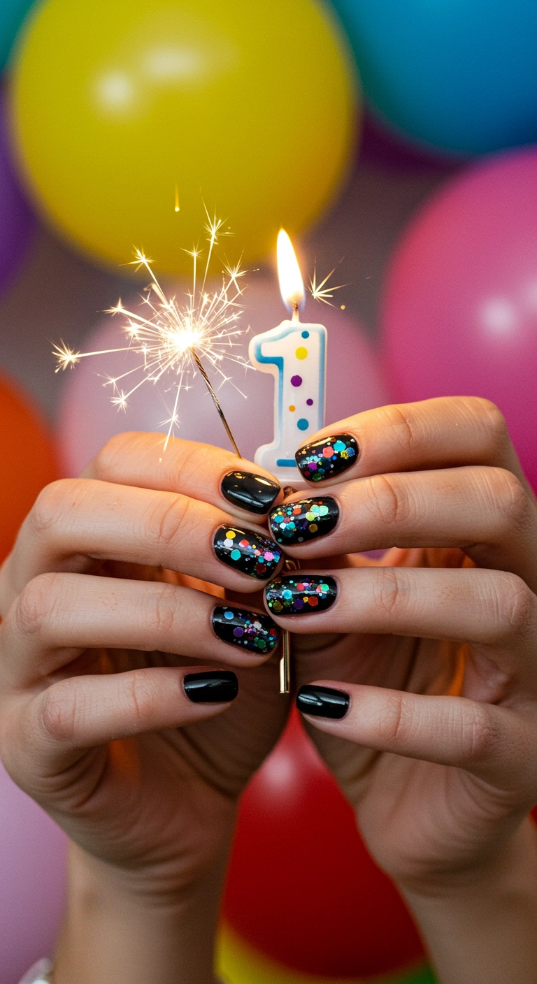 Short black nails topped with a festive, multi-colored chunky glitter that looks like confetti.