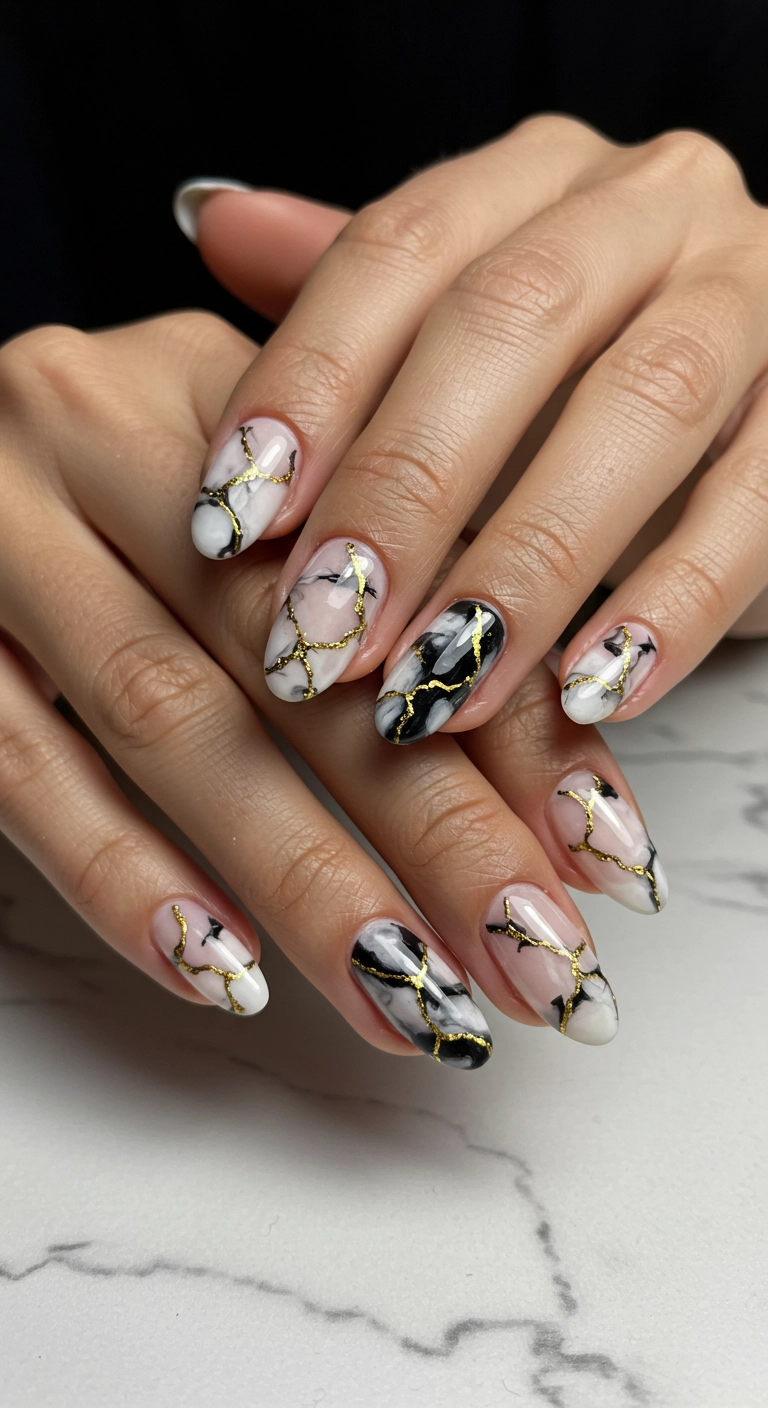 Almond-shaped nails with a realistic black and white marble design featuring gold veins.
