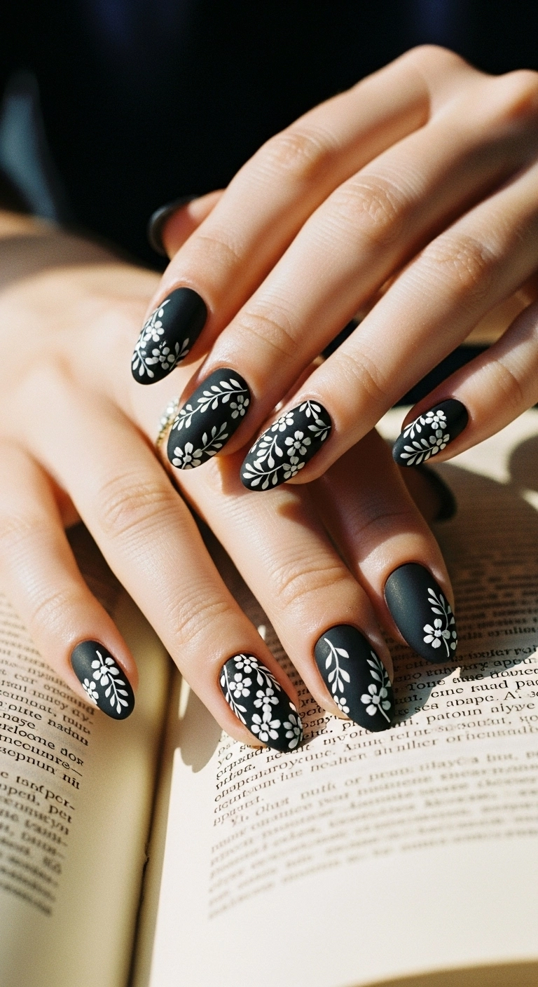 Matte black oval nails adorned with delicate, hand-painted tiny white floral designs.