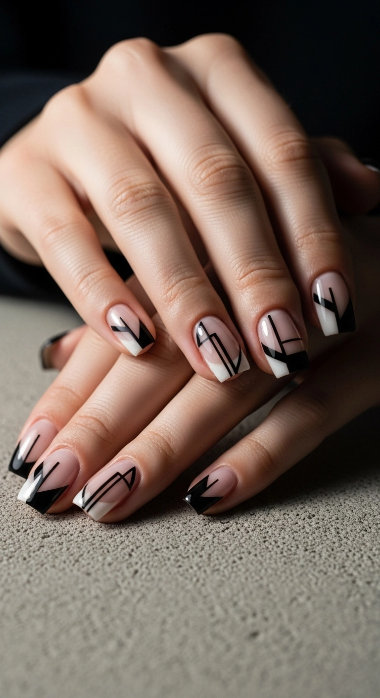 Square nails with a modern black abstract line design on a clear negative space background.