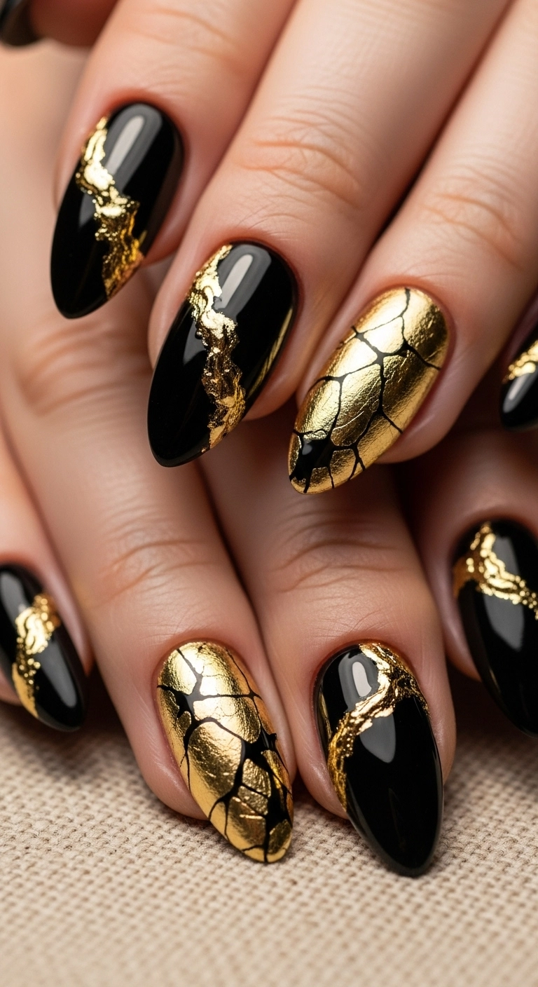 Almond-shaped glossy black nails with abstract, textured gold foil accents.