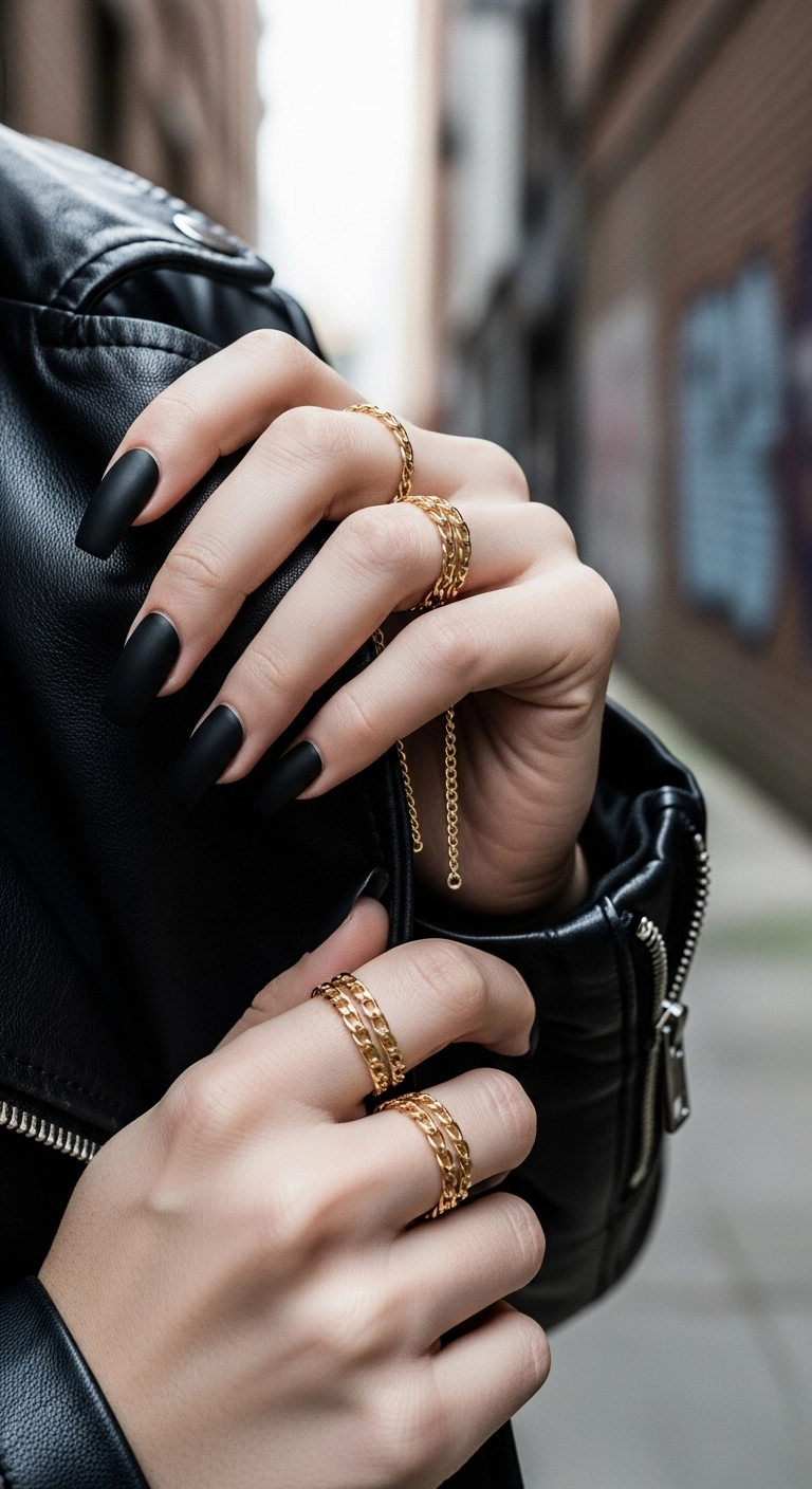 Long, matte black square nails with a real gold chain accent on the ring finger.