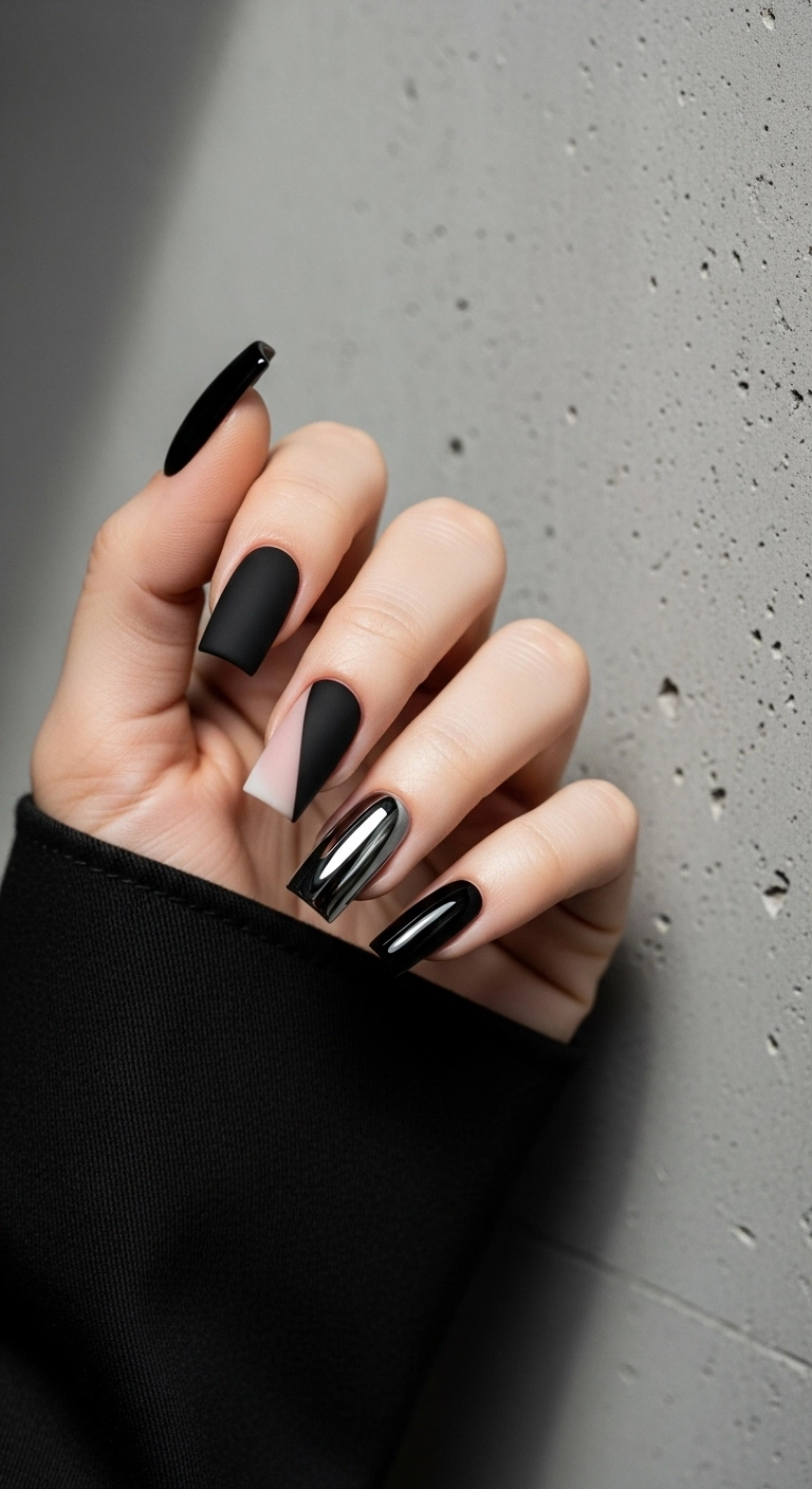 Square black nails with a sharp diagonal split between a matte and a glossy finish.