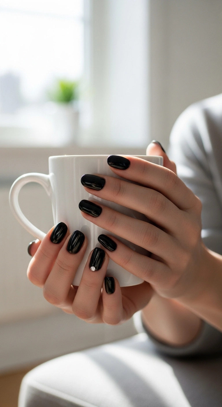 Glossy black oval nails with a single minimalist rhinestone at the base of the ring finger.