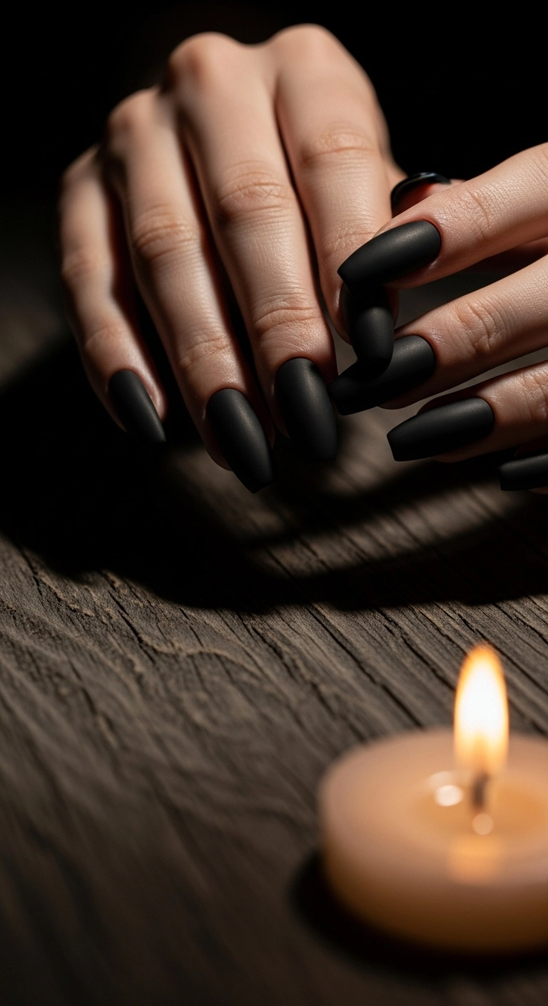 Long coffin-shaped nails with a flawless, velvety matte black finish.