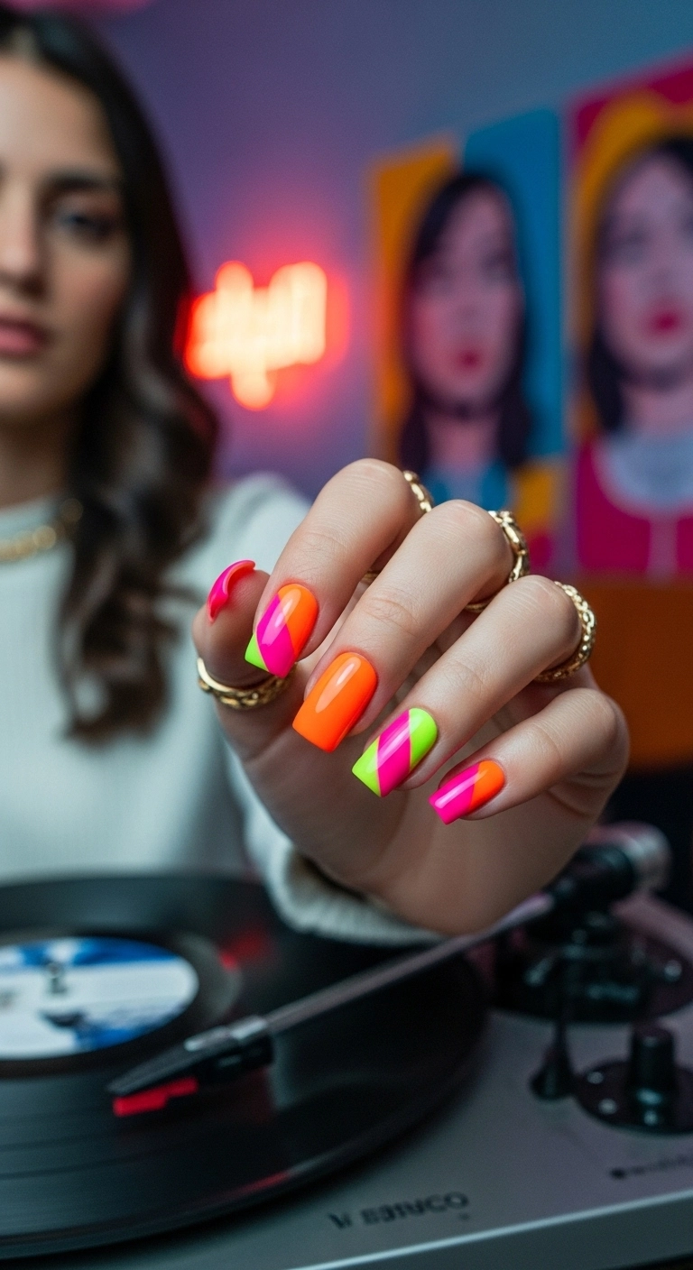 Vibrant square nails with electric orange and hot pink diagonal color blocks.