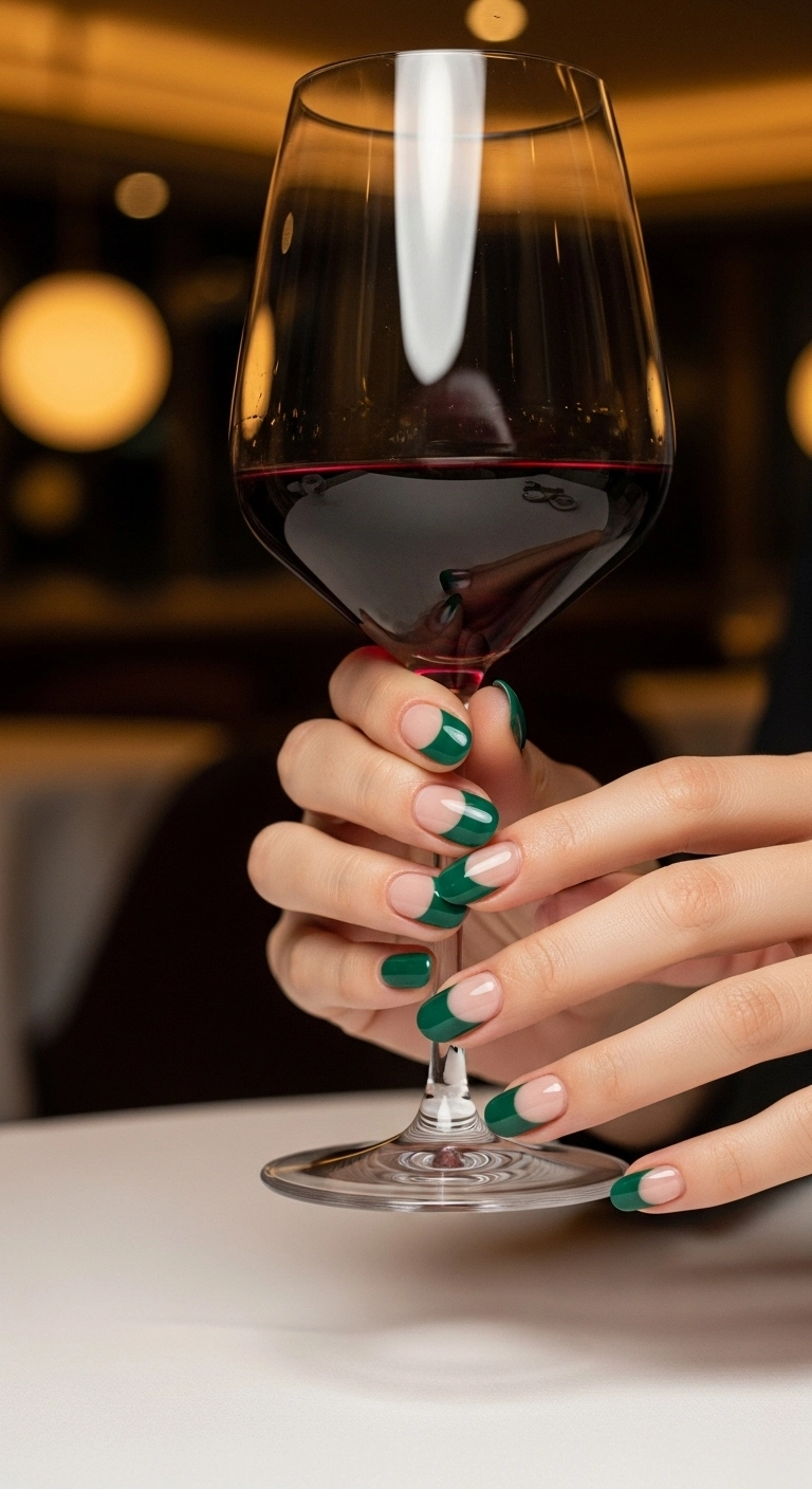 Squoval nails with a forest green color block and a nude half-moon at the cuticle.