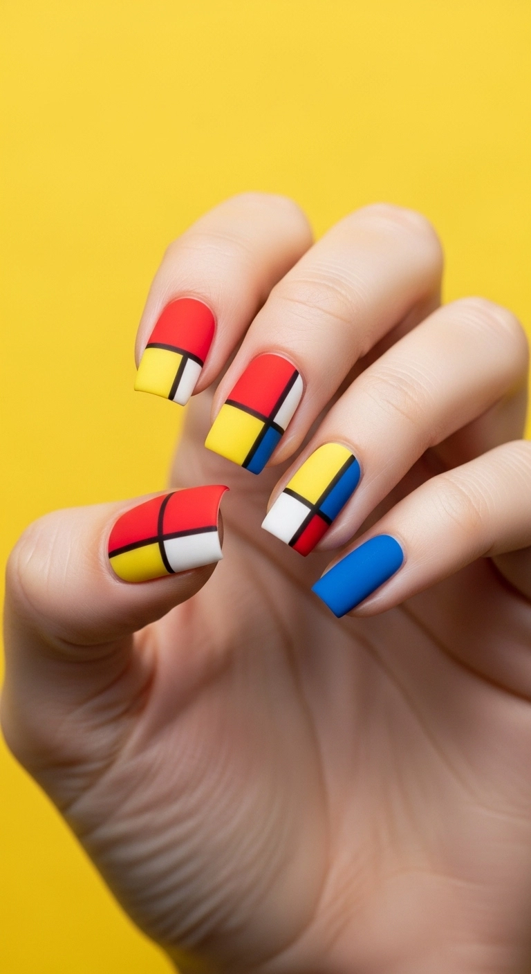 Short square matte nails with Mondrian-inspired color block designs in red, yellow, and blue.
