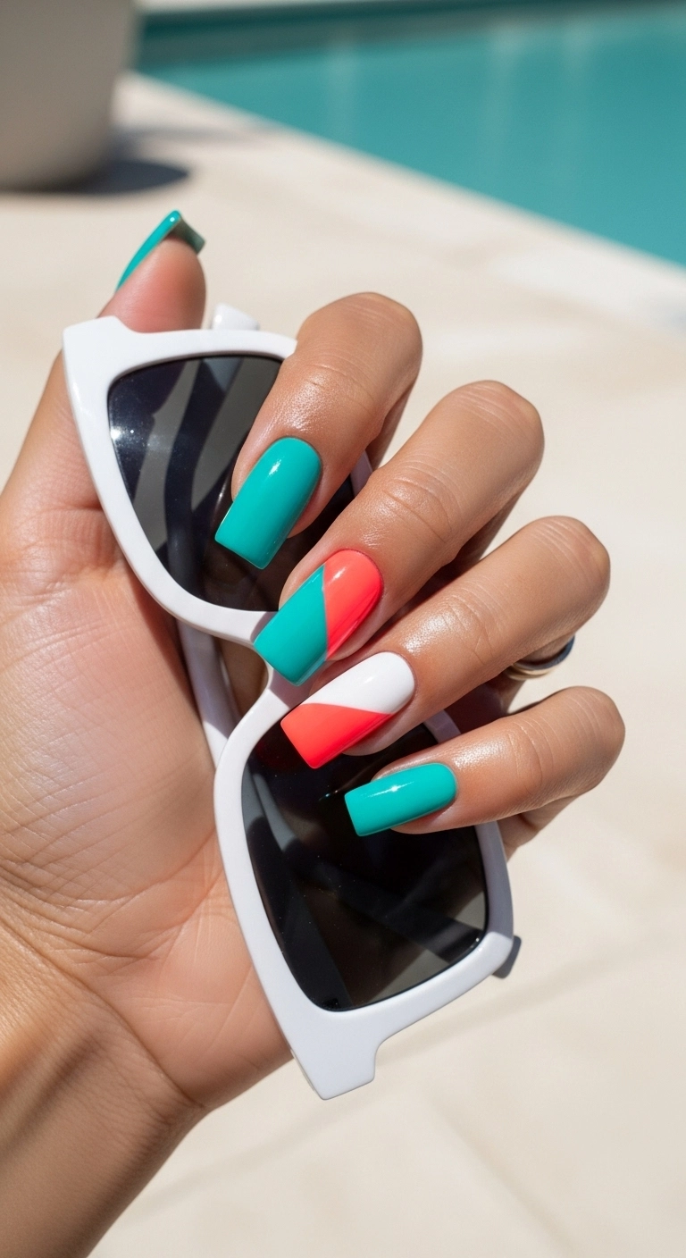 Square nails with geometric blocks of teal, coral, and white.