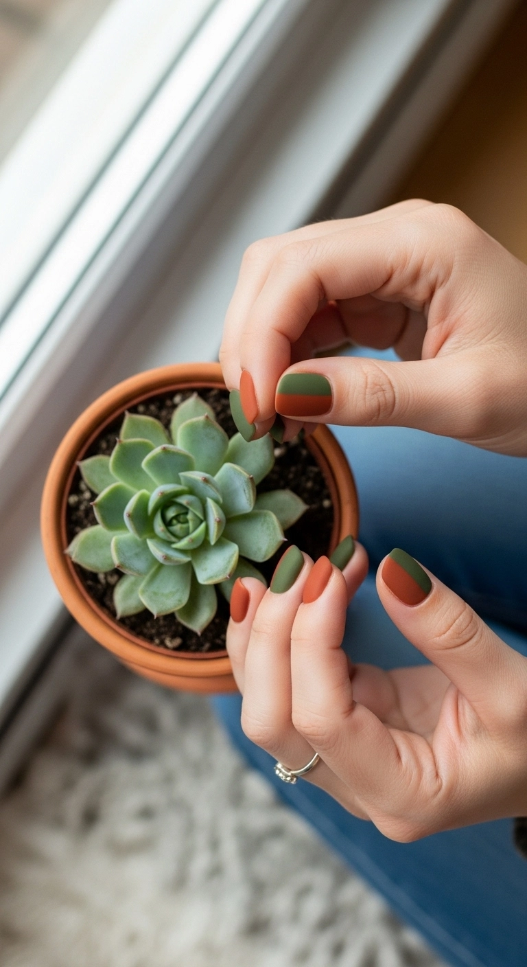 Short rounded matte nails with a vertical split design of terracotta and olive green.