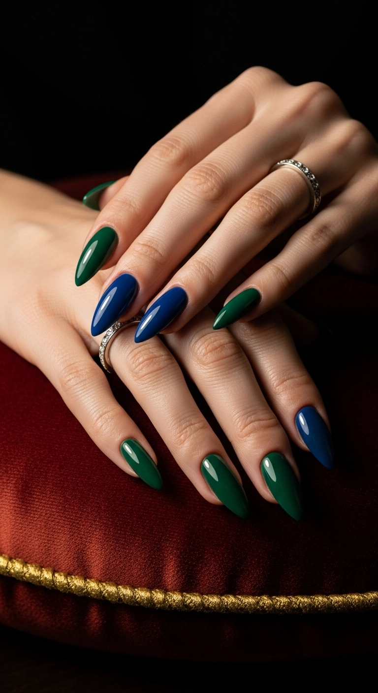 Glossy stiletto nails with emerald green and sapphire blue triangular color blocks.