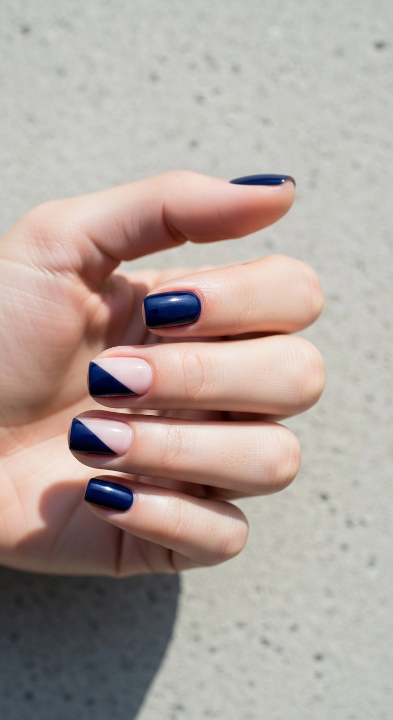 Short square nails with a minimalist navy blue diagonal stripe on a bare nail.