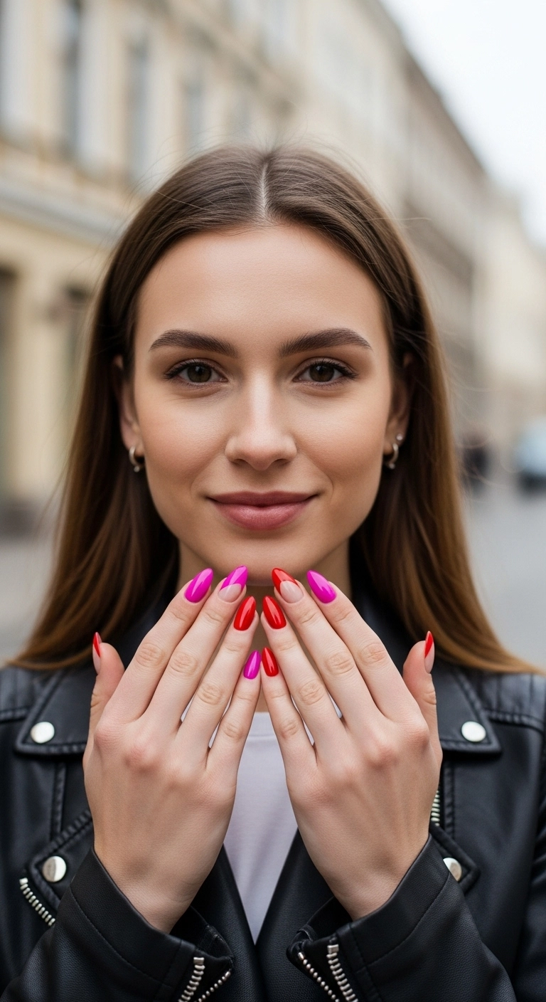 Almond nails with vibrant fuchsia and cherry red in asymmetrical angular blocks.