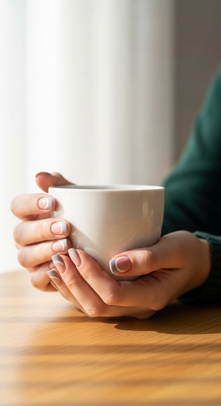 Short rounded nails with a curved block of soft pink over a dove gray base.
