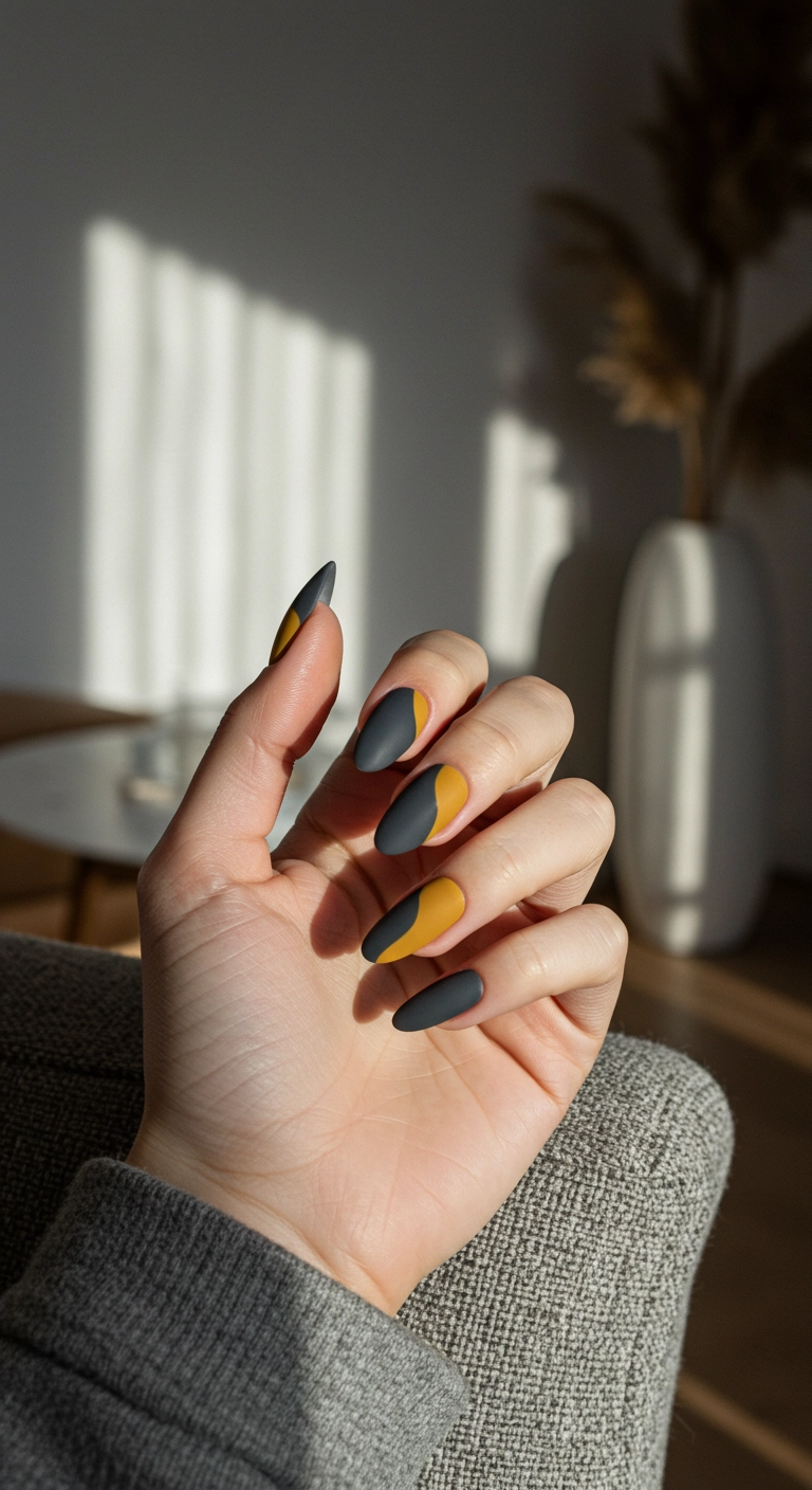 Matte almond nails with an abstract curved design in charcoal gray and mustard yellow.