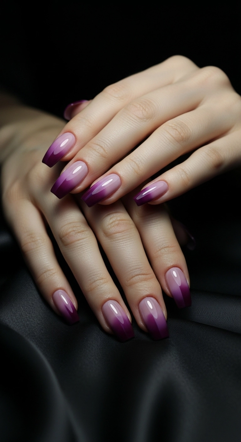 Long ballerina nails with a vertical color block gradient from deep plum to soft lilac.