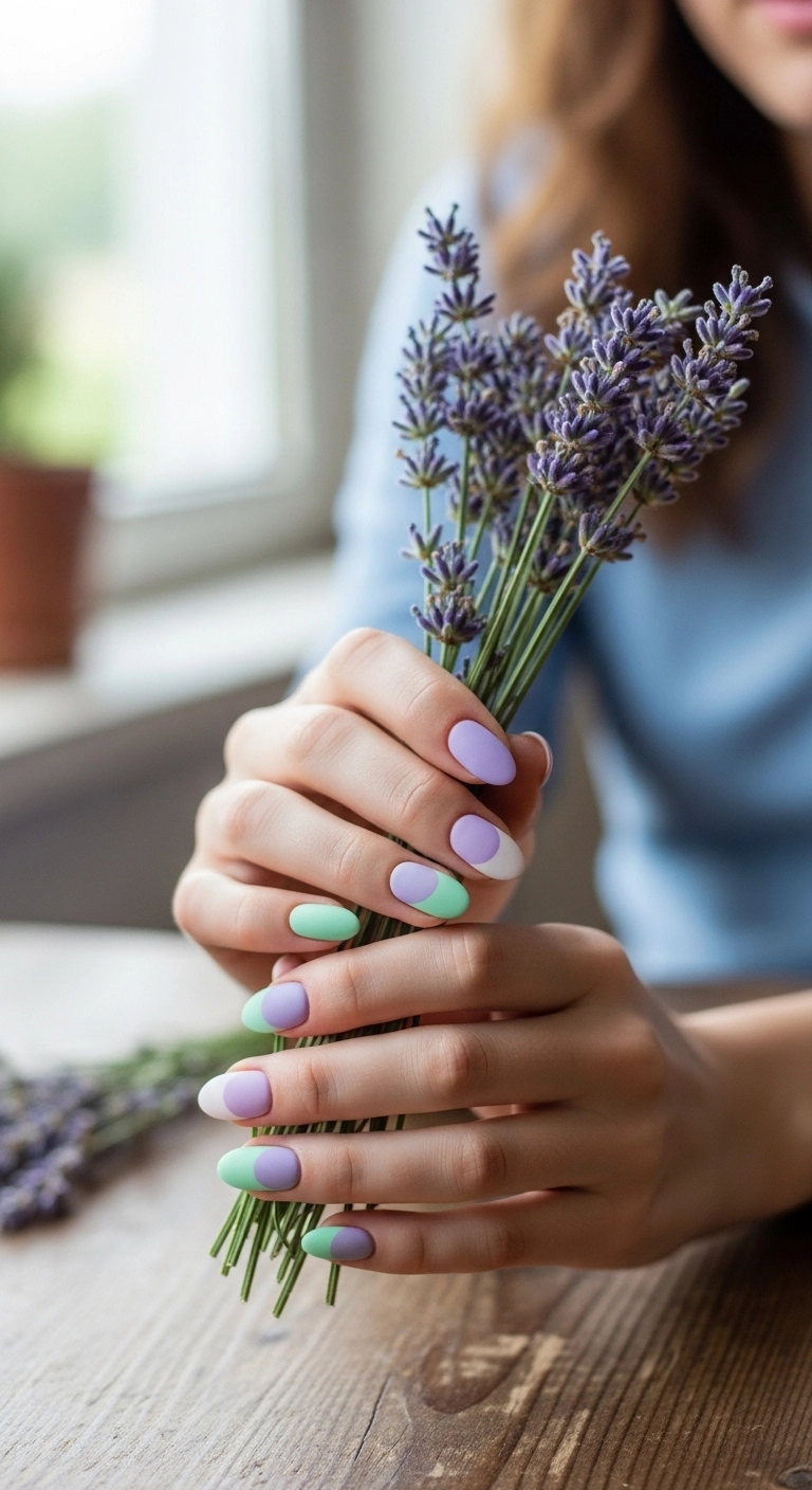 Matte oval nails with a mint green and lavender half-moon color block design.