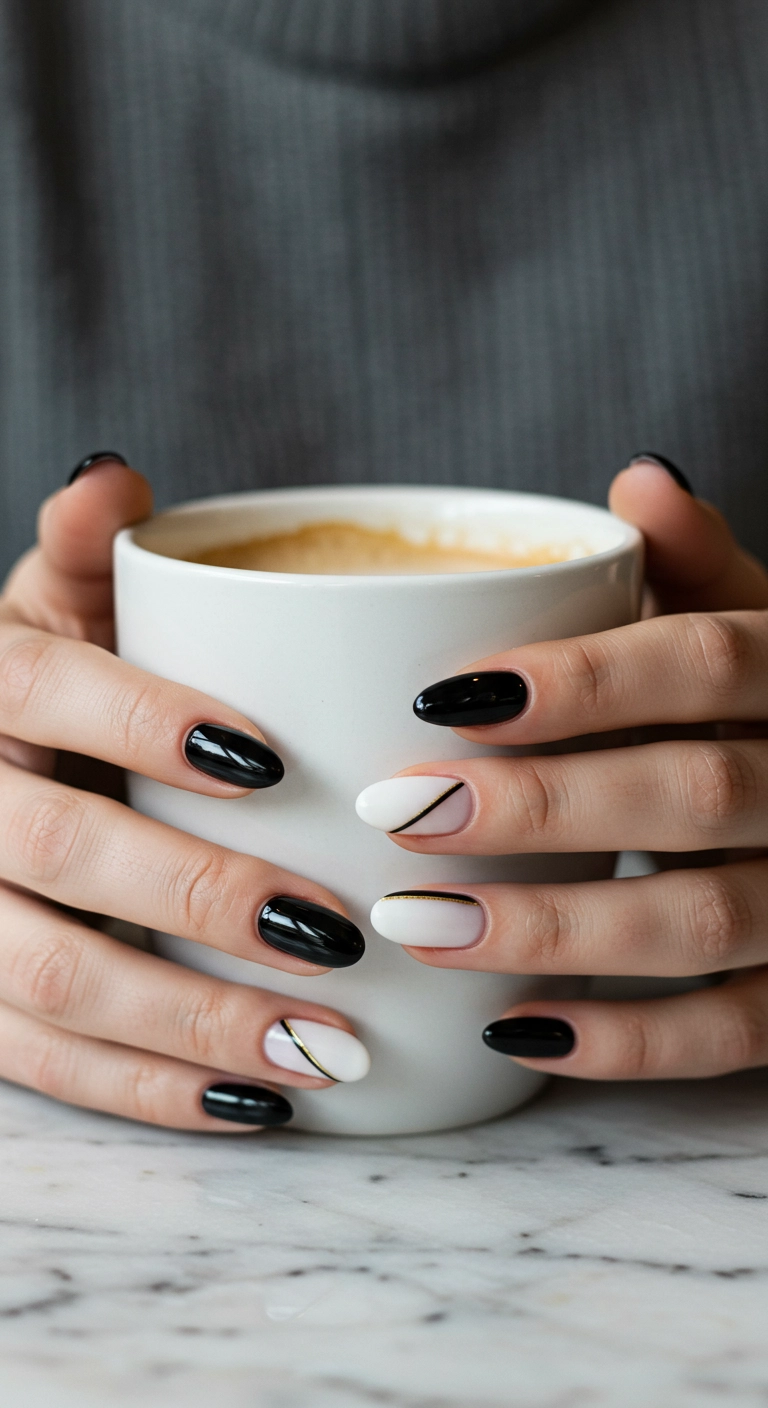 Close-up of almond-shaped nails with a black, white, and gold color block design.