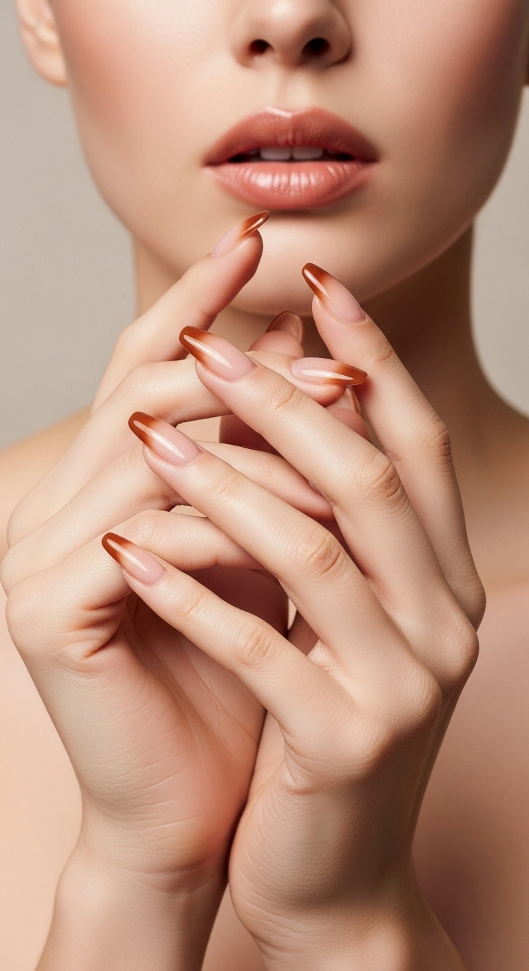 Long ballerina nails with a smooth nude to caramel brown ombré design.