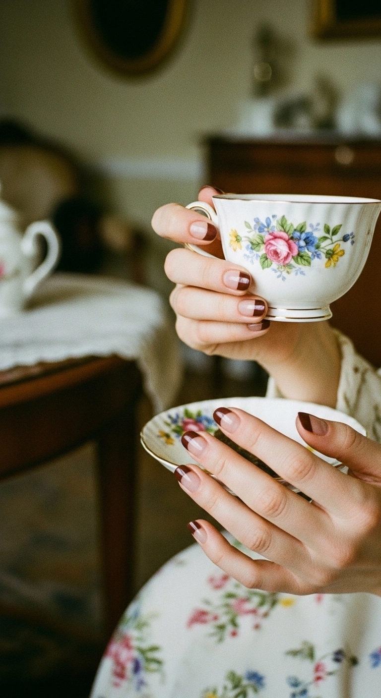 Short rounded nails with a dark brown half-moon manicure design.