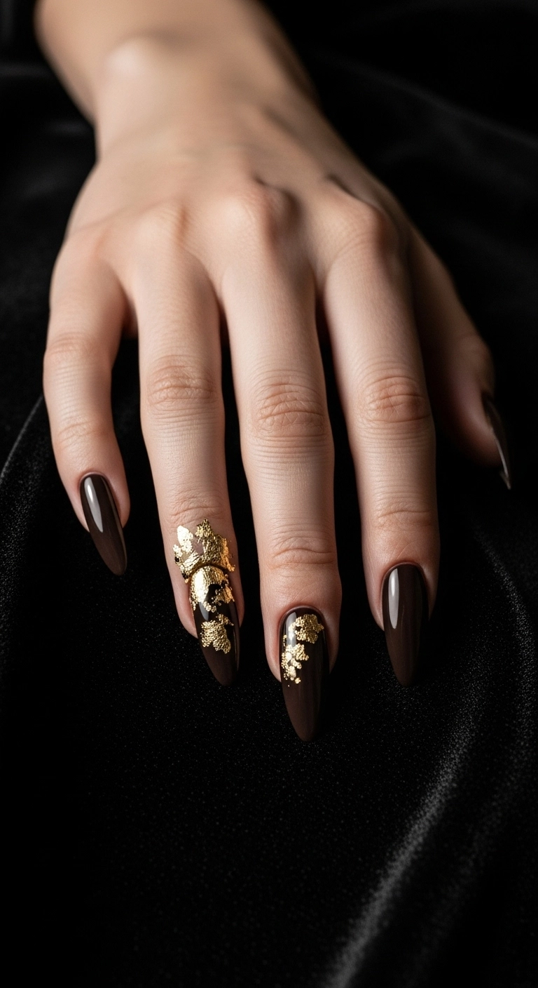 Long stiletto nails in a dark espresso brown with gold flakes on the ring finger.