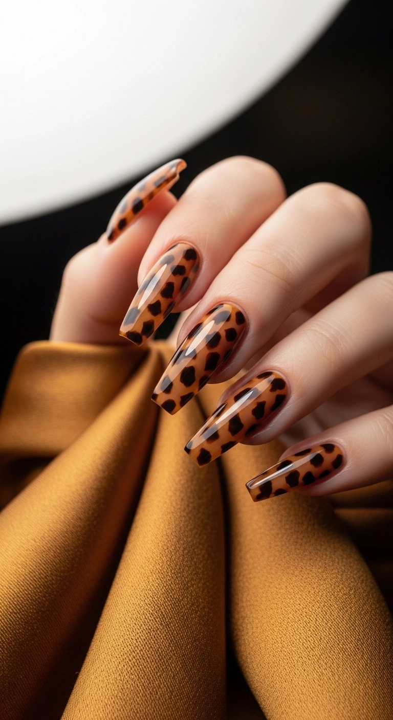Macro shot of long coffin nails with a glossy toffee tortoiseshell design.