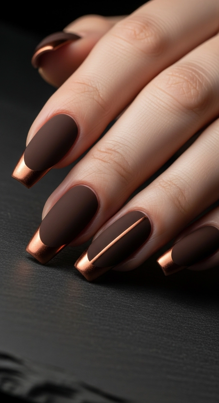 Long matte dark brown coffin nails with a thin metallic copper French tip line.