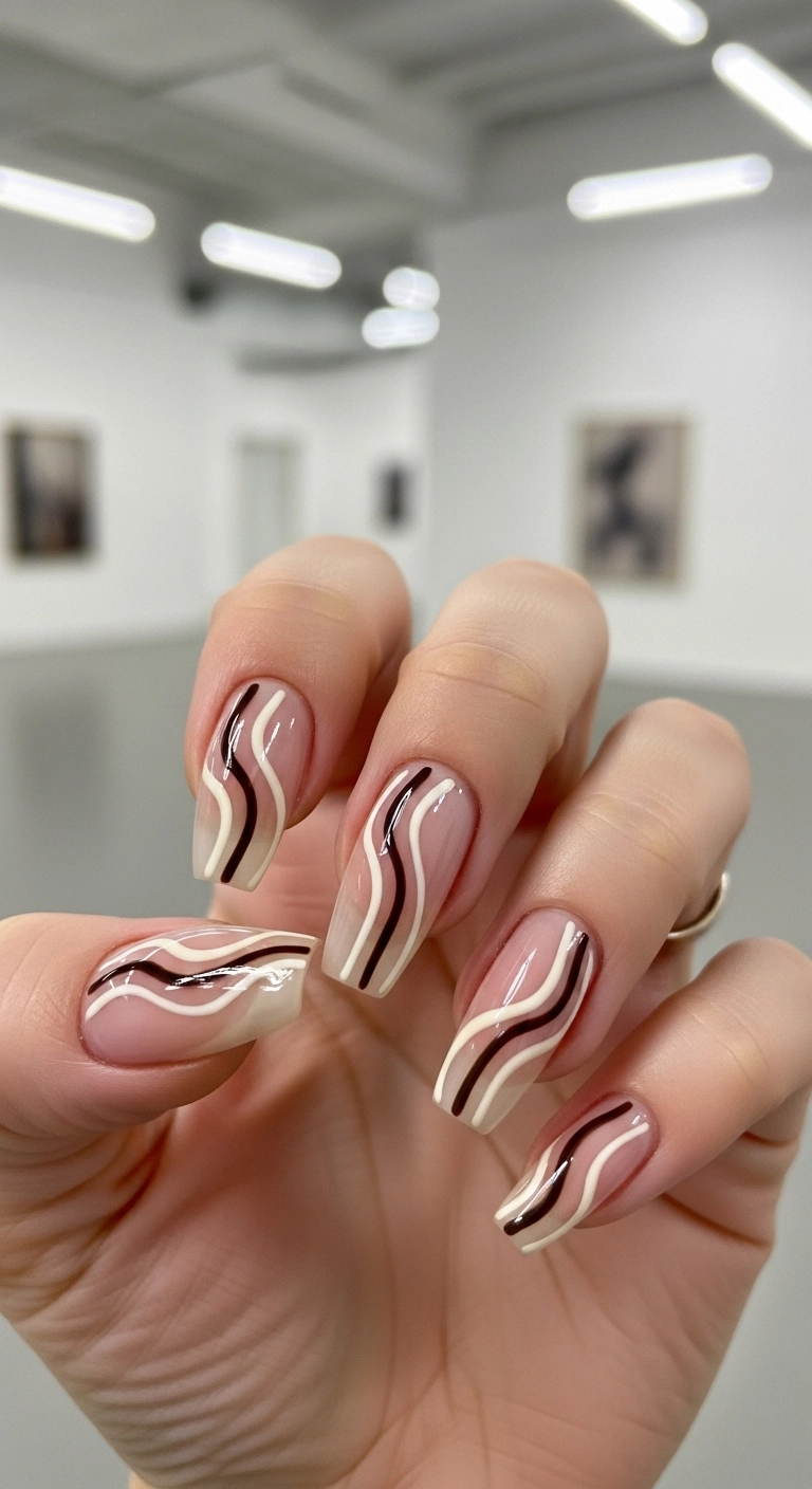 Close-up of squoval nails with abstract brown and cream wavy lines.