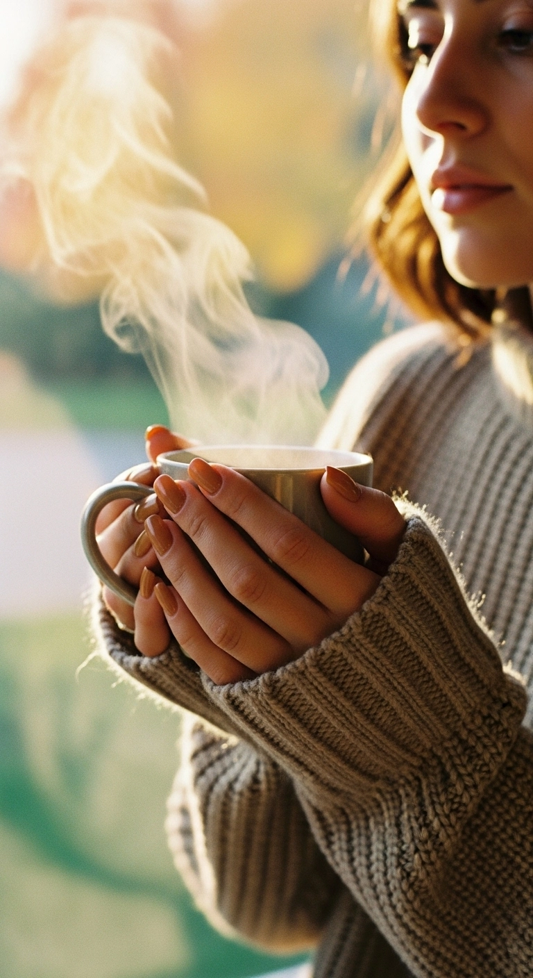 Woman's hands with short square nails in a warm chestnut brown color holding a cup of tea.