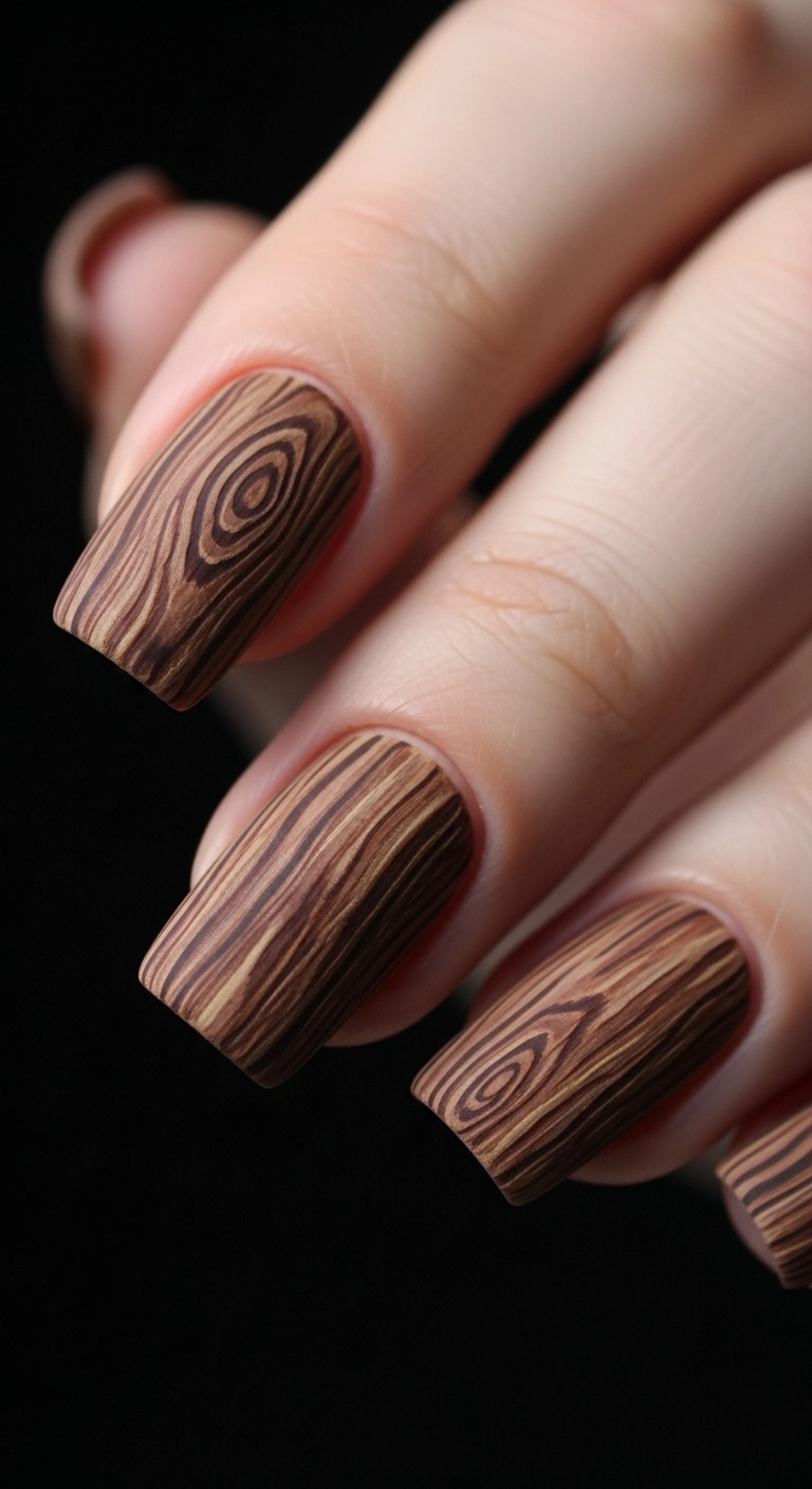 Macro shot of a square nail with a realistic matte wood grain art effect.