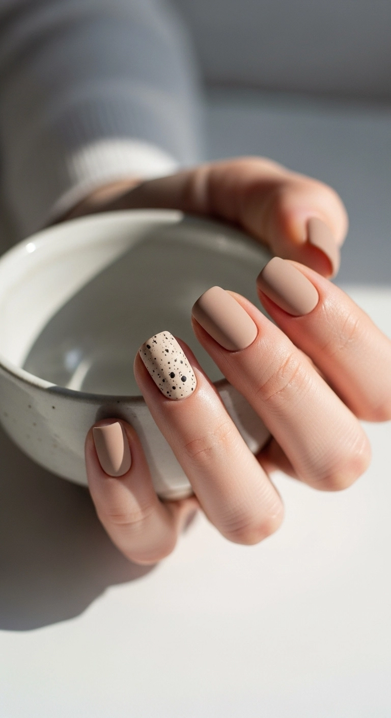 Short nails with a light brown speckled eggshell matte finish.