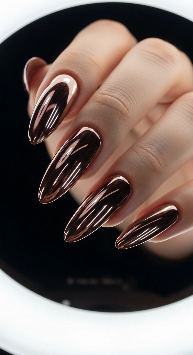 Long almond nails with a reflective, metallic brown chrome finish.