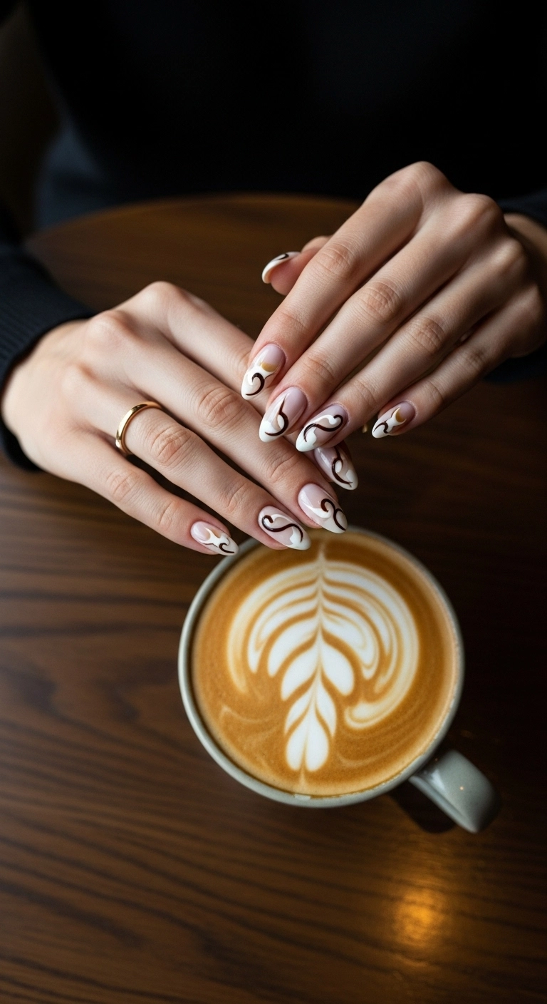 Almond nails with creamy brown and white latte swirl nail art.