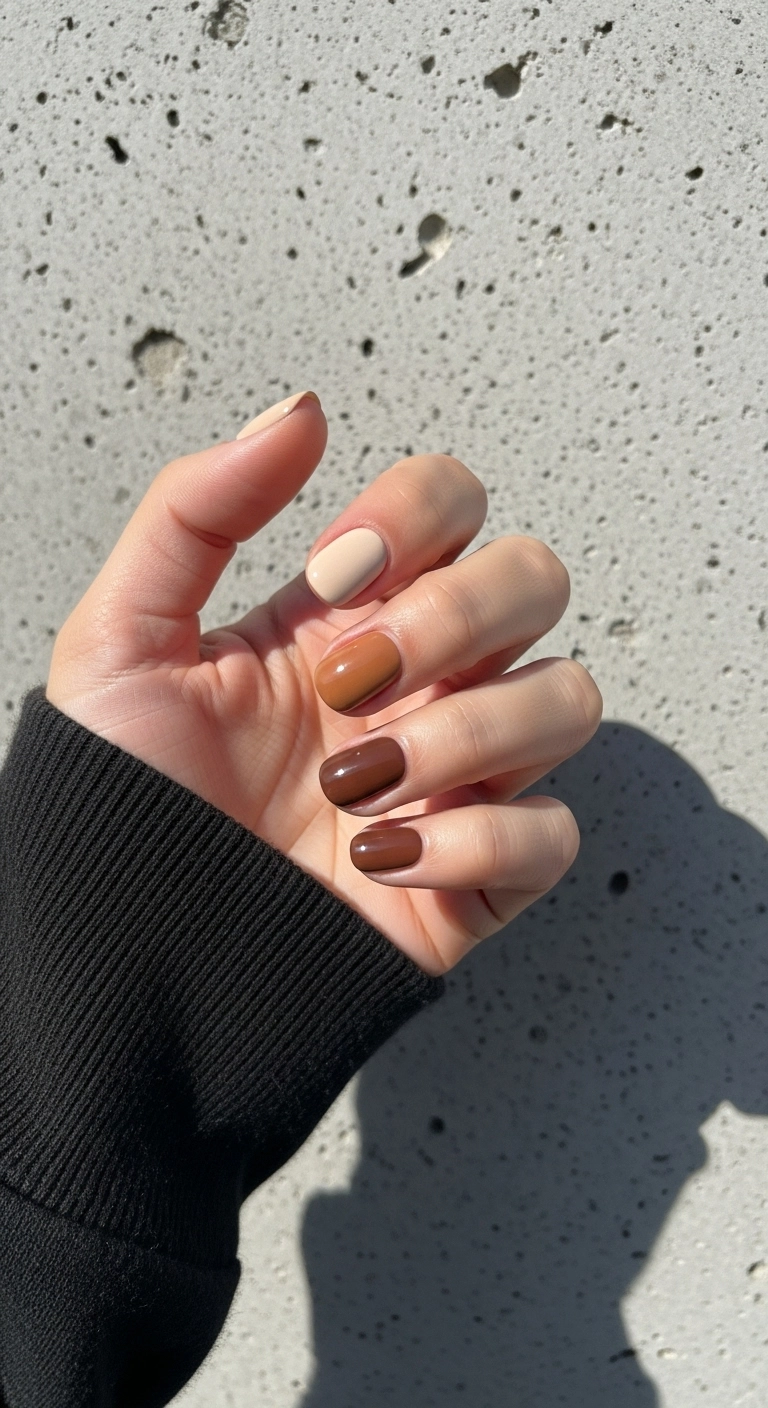 Hand with short nails painted in a gradient of five different brown shades.