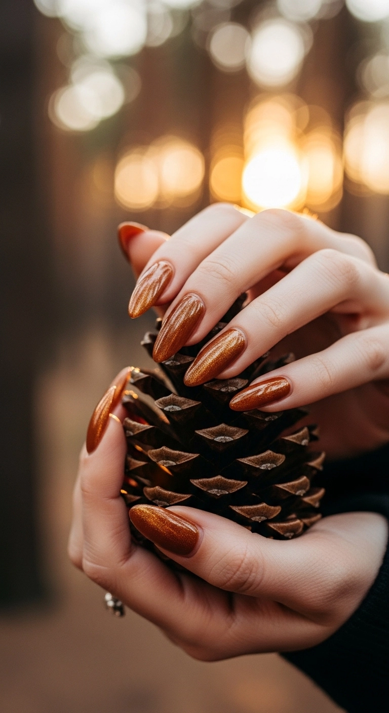 Long almond nails with a shimmery cinnamon brown polish.