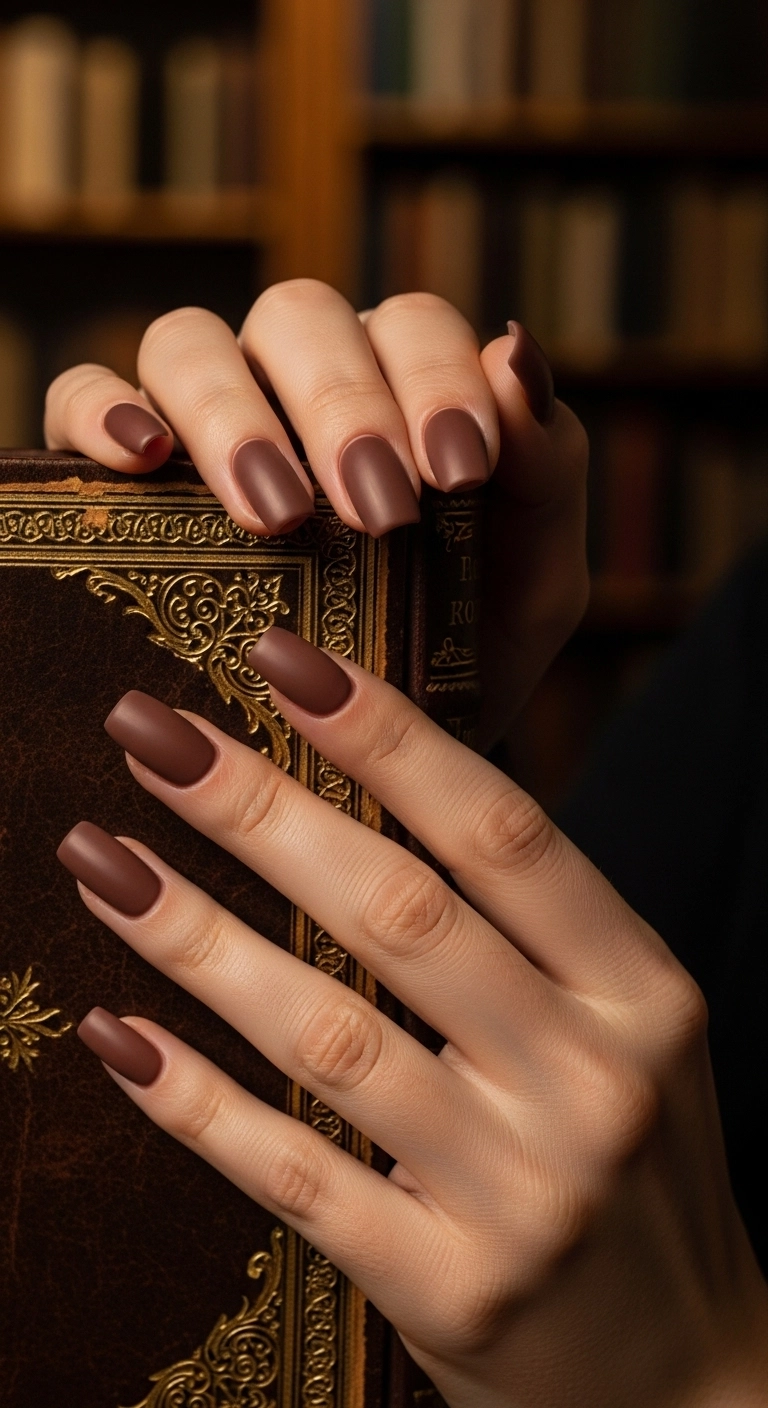 Close-up of matte mocha brown square nails on a woman's hands holding a book.
