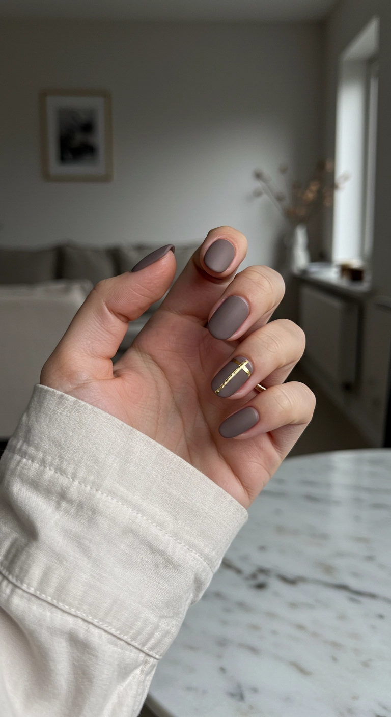 Matte taupe-brown oval nails with a single gold stripe on the middle finger.