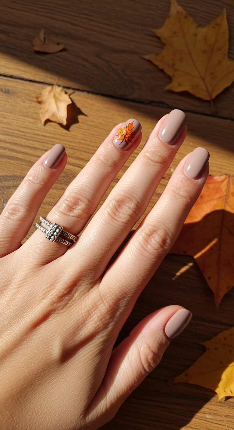Short taupe nails with a delicate autumn leaf painted on the ring finger.