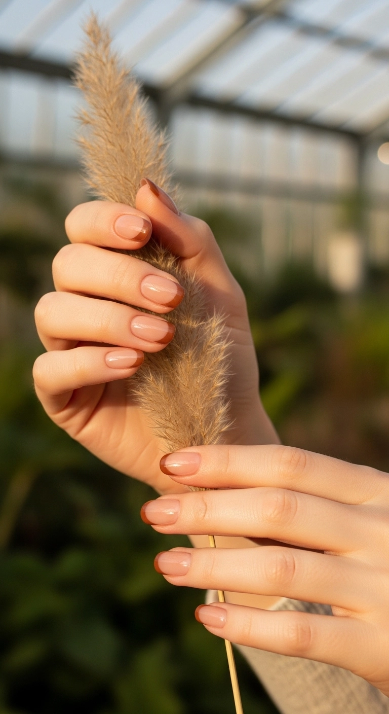 Woman's hands with short squoval nails and caramel brown French tips.