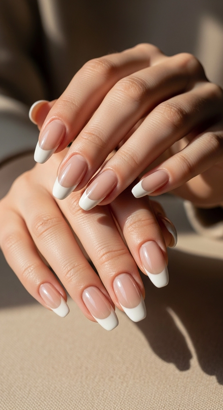 Squoval nails with a sheer nude base and a clean, pearlescent white chrome French tip.