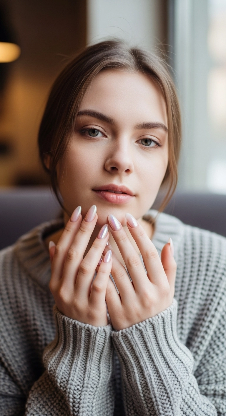 Woman with oval nails featuring a milky pink base and iridescent pearl chrome French tips.