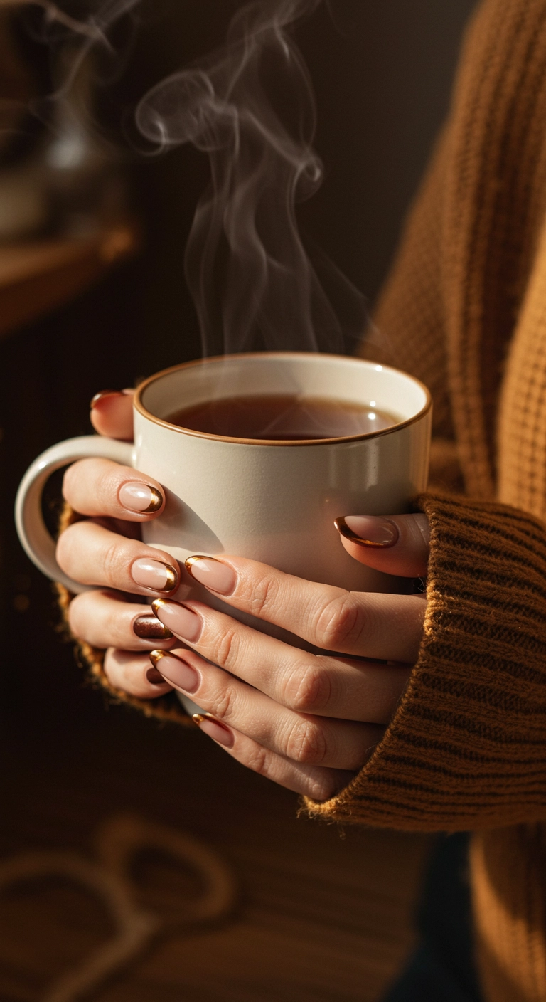 Oval nails with a beige base and a rich bronze chrome French tip.